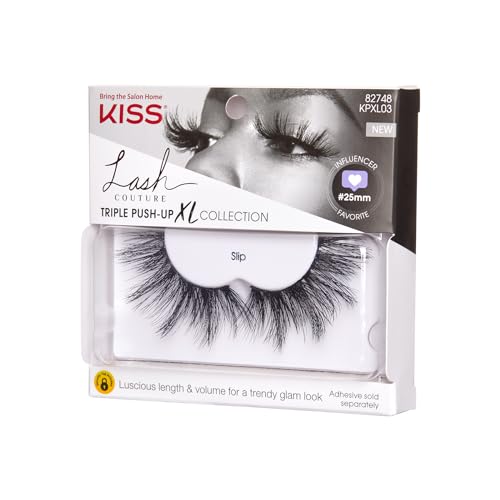 KISS Lash Couture Triple Push Up XL Collection False Eyelashes, 3D Volume in Extra Long Length with Triple Design Technology, Cruelty-Free and Reusable, Style 'Slip', 1 Pair Fake Eyelashes (Pack of 3)
