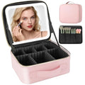 Travel Makeup Bag with Lighted Mirror, Adjustable Partition Makeup Travel Case, Adjustable Brightness in 3-Color Scene, Waterproof Makeup Train Case, Luminous Makeup Bag with Detachable Mirror, Pink