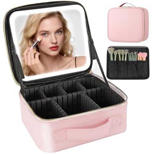 Travel Makeup Bag with Lighted Mirror, Adjustable Partition Makeup Travel Case, Adjustable Brightness in 3-Color Scene, Waterproof Makeup Train Case, Luminous Makeup Bag with Detachable Mirror, Pink
