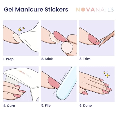 NOVA, Female Founded, Semi Cured Gel Nail Strips (Nova) - The 10 Minute Manicure. Salon-Quality, Works with Any Nail Lamp, Easy to Apply & Remove - Incl. Nail File & Wooden Stick (Nova)