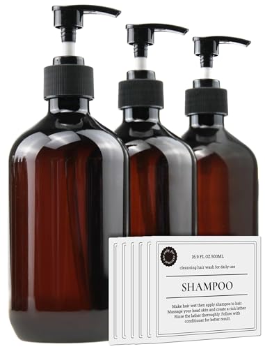 500ml Amber Pump Bottle Dispenser, 3-Pack with Labels