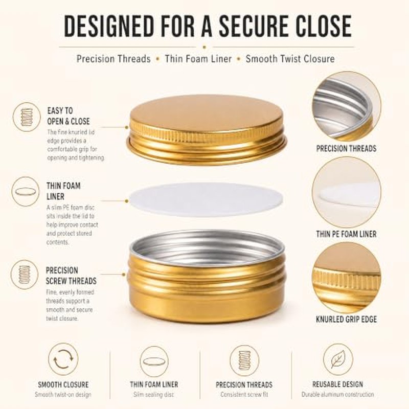1 oz Gold Screw Top Aluminum Tins 32-Pack with Labels