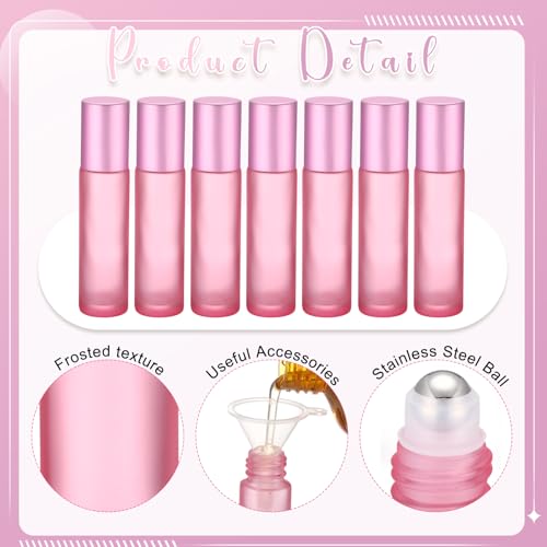 Sumind 150 Pcs Frosted Glass Roller Bottles Essential Oil 10 ml Empty Roll on Bottles with Stainless Steel Balls Leak Proof with 5 Funnel for Travel Essential Oil Perfume(Frosted Pink)