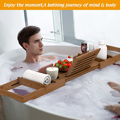 Bamboo Expandable Bath Tray with Book Holder & Wine Glass Holder