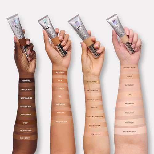 IT Cosmetics Travel CC+ Cream with SPF 50+ Natural Finish Full Coverage Foundation (Tan - 0.4 fl oz) & Bye Bye Undereye Concealer Anti-Aging Makeup (33.5 Tan Natural - 0.4 fl oz)