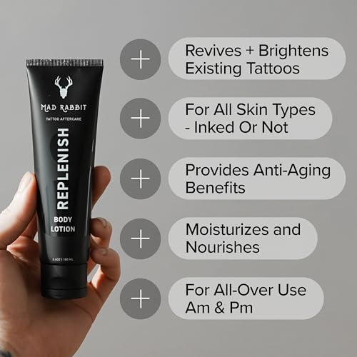 Mad Rabbit Replenish Tattoo Body Lotion - Fragrance-Free Lotion, Non-Greasy & Silicone-Free, Clean Ingredients, Lightweight for Daily Use (3.4 Fl Oz)