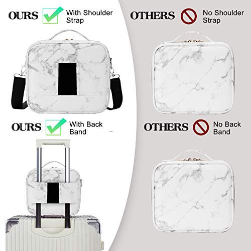 Travel Makeup Bag 10.4 Inches Portable Makeup Train Case Cosmetic Bag Organizer with Adjustable Dividers and Shoulder Strap for Cosmetics Brushes Toiletry Jewelry Digital Accessories (Marble)