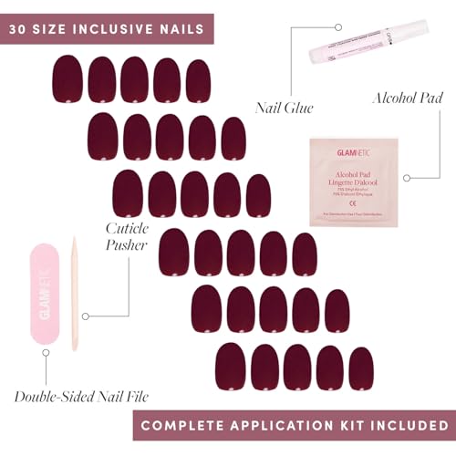 Glamnetic Press-On Nails Bundle - Classic Red & Berry Maroon | Opaque Timeless Red Almond False Nails | Dark Red Round Fake Nails | Reusable, Salon-Quality Nail Kits