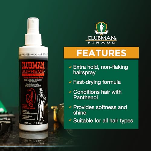 Clubman Supreme Non Aerosol Hairspray ? Extra Hold Styling & Grooming Hair Spray for Men with Panthenol, 8 fl oz