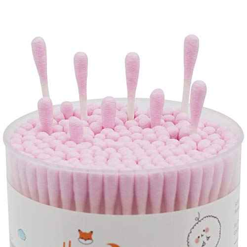 Pink Cotton Swabs Precision Pointed - 200 Count Pointy Organic Cotton Double Side Tightly Wrapped Cotton Tips Paper Stick Soft Gentle Lint-Free Cruelty-Free, Pointy & Round (Pink)
