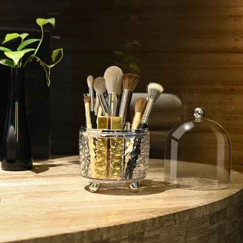 Makeup Brush Holder with Lid Cosmetic Tools Organizer 360 Rotating Make up Brushes Storage for Vanity, Waterproof & Dustproof (Clear)