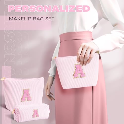 Personalized Initial Makeup Bag Set - Canvas Cosmetic Organizer for Teen Girls