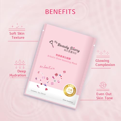 My Beauty Diary Arbutin Glow-boosting Mask, Firming and Smoothening Facial Mask, Restores Radiance, Self Care Face Sheet Mask for Dull Skin and All Skin Types (8 pcs)