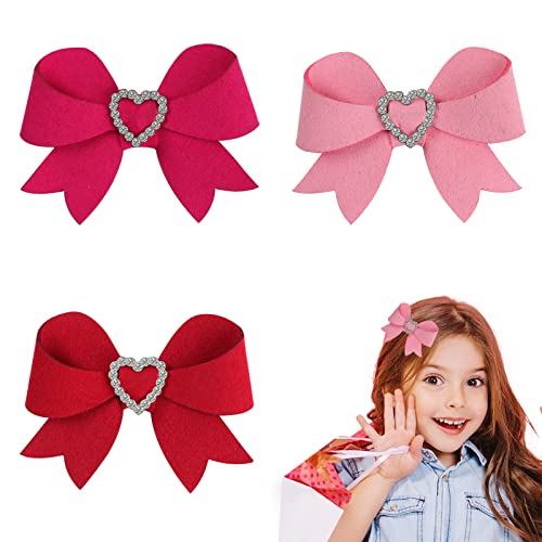 3Pcs Valentine's Day Bows Clips Mother's Day Hair Bows Gift Pink Bowknot Love Heart Pattern Headwear Hairpin Alligator Clips Bows for Girls Toddlers Kids Womens (Valentine's Hair Bows - 1)