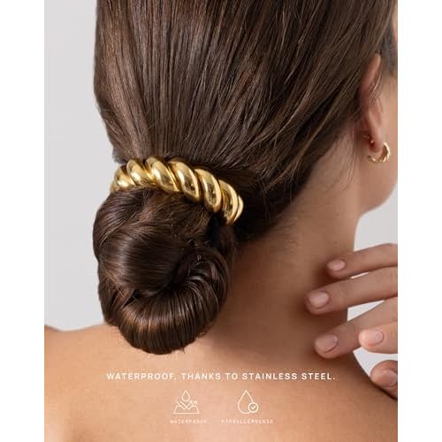 PAVOI 14K Yellow Gold Plated Waterproof Chunky Croissant Metal Hair Cuff for Women - Stainless Steel Statement Ponytail Cuff - 20mm Twisted Stretchy Gold Hair Ties for Ponytails Fashion Accessories