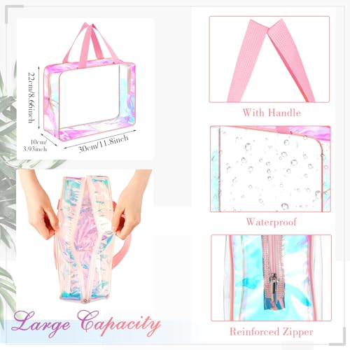 Sweetude 10 Pcs Large Clear Toiletry Bag Large Capacity Travel Iridescent Makeup Bag PVC Clear Plastic Tote Punch Cosmetic Clothes Organizer for Women Men(Pink)
