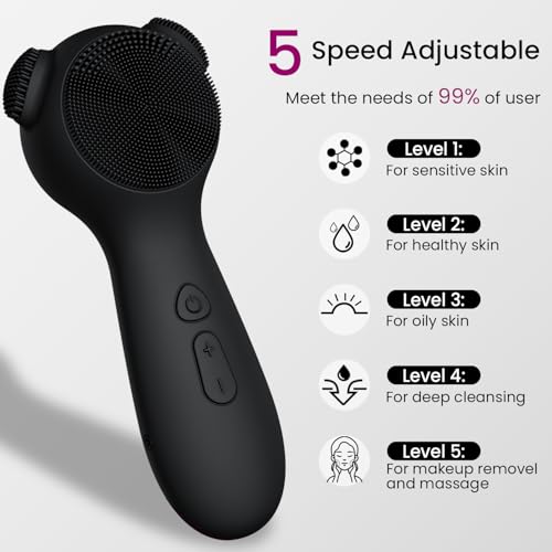 Rechargeable Electric Face Scrubber with 5 Modes & Hot Compress - Waterproof Sonic Facial Cleansing Brush for Men & Women