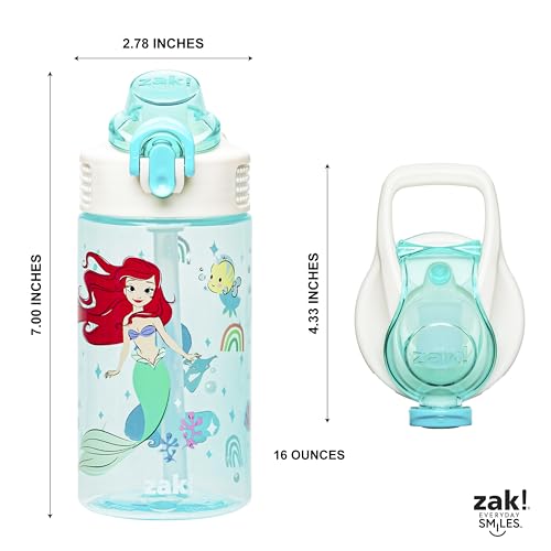 Zak Designs Sage Disney Princess Kids Water Bottle For School or Travel, 16oz Durable Plastic Water Bottle With Straw, Handle, and Leak-Proof, Pop-Up Spout Cover (Ariel & Jasmine)