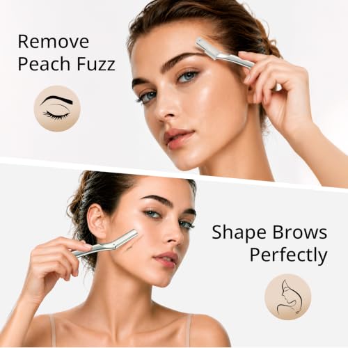 Metal Dermaplane Razor for Face & Brows - Reusable Silver Facial Hair Remover with 12 Blades