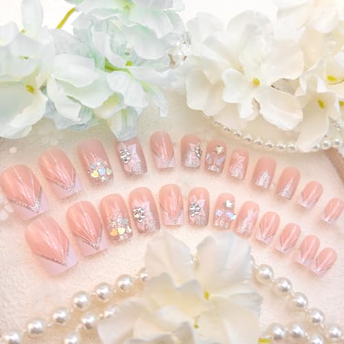 Short Square French Tip Press on Nails - White Flower & Star Design (24 Pcs)