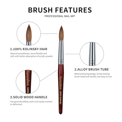 100% Pure Kolinsky Acrylic Nail Brush Solid Wood Handle Professional Manicure Brushes for Powder Nail Acrylic Application - Salon & DIY Nail Art Essentials - Size 12, 1.0 Count