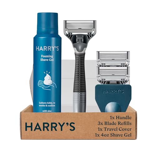 Harry's Razors for Men - Shaving Kit includes a Mens Razor Handle, 3 Blade Refills, Travel Cover, and 4 Oz Shave Gel