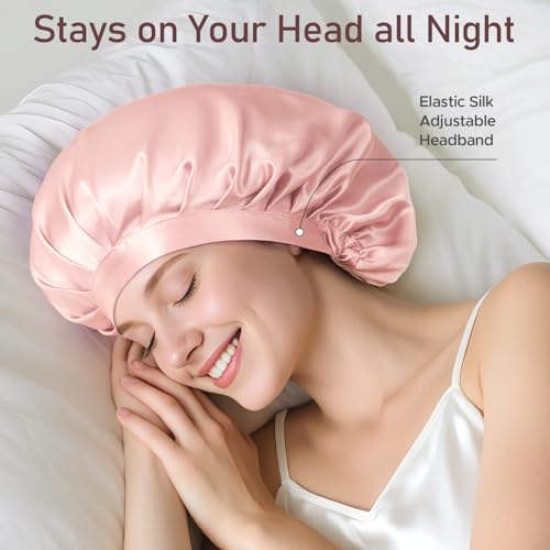 LitBear Pink 100% Mulberry Silk Bonnet for Sleeping, 22 Momme Silk Hair Wrap with Elastic Band