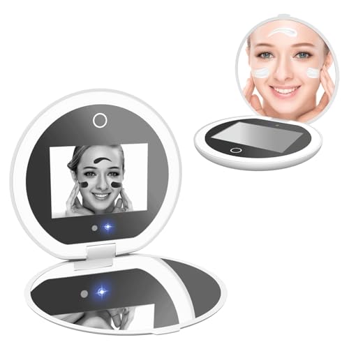 Mocado Compact LED Travel Makeup Mirror - 4 Inches 1X/10X Magnification Travel Mirror with Light Dimmable Smart UV Camera UV Mirror for Sunscreen Test Skin Sun Protection