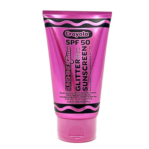 CRAYOLA X Sunshine & Glitter - Biodegradable Glitter Sunscreen Lotion, SPF 50, Jazzberry Jam Scented Lotion | Kids Sunscreen | TSA Approved Vacation Sunscreen with Eco-Friendly Glitter, 3.4 Oz