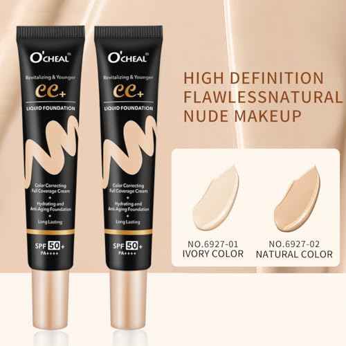 O'CHEAL CC Cream with SPF 50+, Hydrating Color Correcting Cream Full Coverage Lightweight Powder Foundation, Waterproof Long Lasting Pre-makeup Primer Facial Concealer Refine Skin Texture (Natural)