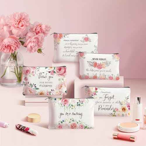 16PCS Canvas Cosmetic Bags Bulk Inspirational Quotes Makeup Bags for Women Encouragement Travel Pouch with Zipper Flower Cosmetic Pouch for Christmas Friendgiving Friend Gifts