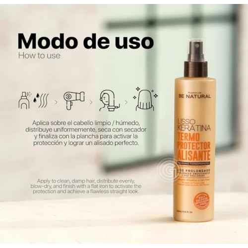 Be Natural Lisso Keratina Heat Protectant Spray for Hair Smoothing, Sulfate-Free, 8.45 fl oz. Termoprotector alisante