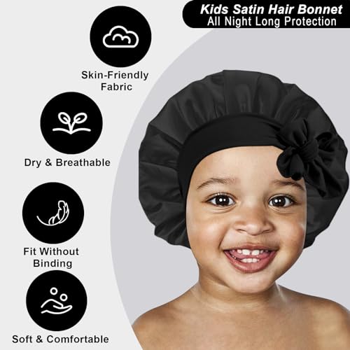 Kids Satin Sleep Bonnet 3-Pack - Pink, Black, Light Blue