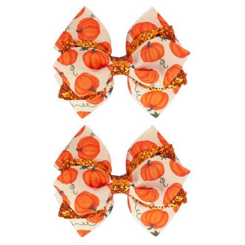 Thanksgiving Hair Bows for Girls, IKOLA Orange Pumpkin Hair Clips Handmade Grosgrain Ribbon Hair Bow Clips, Non Slip Metal Alligator Hair Barrettes Hairpins | Glitter Hair Accessories for Fall Autumn
