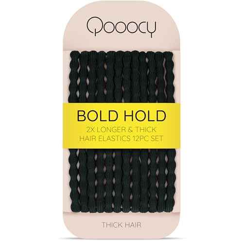 Extra Long Hair Tie for Thick and Curly Hair - Elastic Ponytail Holders for Women or Men, No Metal Bands, Long-Lasting Braids Accessories, 12 Count, Black