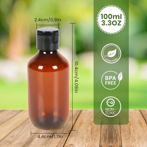 TRENDBOX Travel Size Amber Bottles with Flip Cap - 12 Pack 3.4oz Leak Proof Dispenser Containers for Toiletries, Essential Oils & Shampoo - Set of Small Empty Plastic Bottles