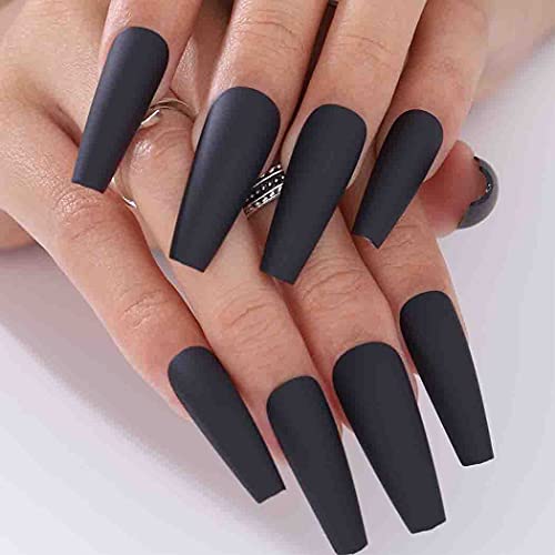 Outyua Black Super Long Matte Press on Nails Coffin Ballerina Fake Nails Designer Acrylic Extra Long False Nails Artificial Full Cover Nails Tips for Women and Girls 24Pcs (Black)