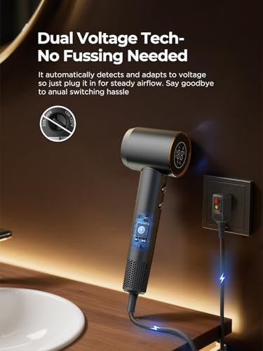 Grey Dual Voltage Travel Hair Dryer with Diffuser – Ionic, Fast Drying, Compact