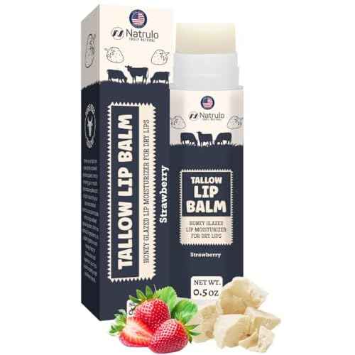 Beef Tallow Lip Balm ? Natural Tallow Beeswax Chapstick ? Hydrating Moisturizer Grass Fed Tallow Balm Care ? Soothes Chapped Dry Lips Sensitive Skin ? Long Lasting Vitamin Rich USA-Made, Strawberry