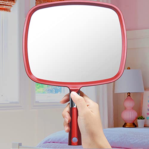MIRRORVANA Professional Large & Comfy Hand Mirror with Ergonomic Handle for Women - Premium Sparkling Red Model (1-Pack)
