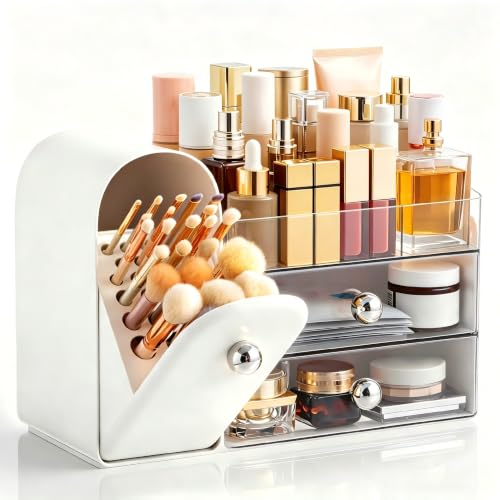 HBlife Large White Silver Makeup Organizer with Drawers & Brush Holder