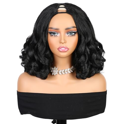 V Part Yaki Curly Wig 12" Glueless Synthetic Hair Black