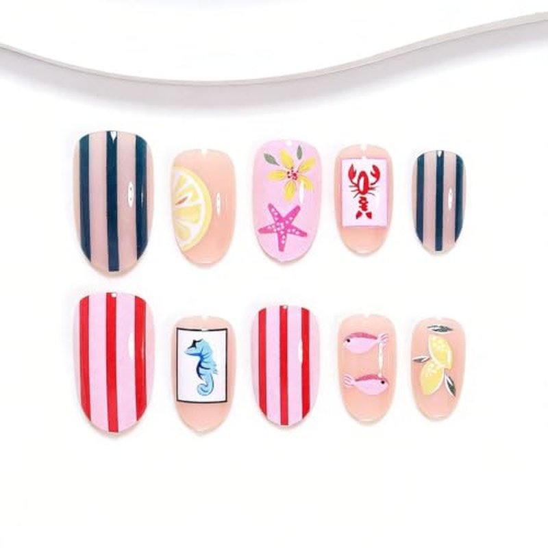 24Pcs Summer Beach Oval Press On Nails with Lemon Flower Stripes