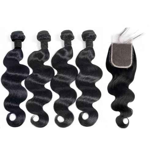 12A human Hair Bundles With Closure(20 22 24 26 + 18) Body Wave Bundles Human Hair With 4x4 Lace Closure Human Hair Brazilian Virgin Hair Weave Bundle With Closure Free Part