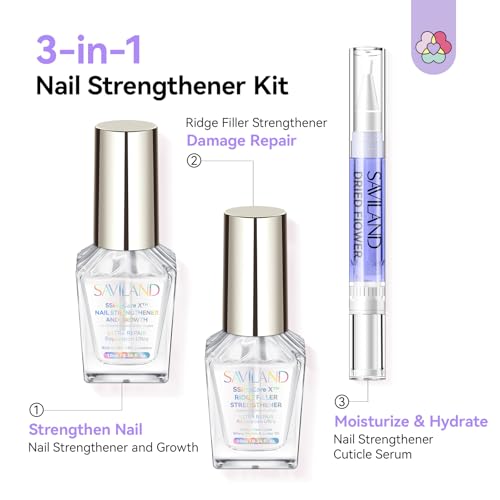 SAVILAND 3-in-1 Nail Strengthener Kit with Vitamin E & Castor Oil for Damaged Nails Repair, Growth & Nourishment