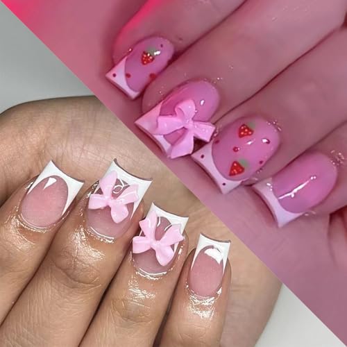 48Pc White French Tip Press On Nails Short Square Bow