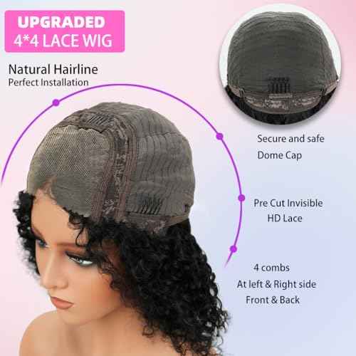 ISWEET HD Glueless Wigs Human Hair Pre Plucked Pre Cut Bob 4x4, 8 Inch Burgundy 210% Density Hairline Curly Bob Wig Human Hair, Wear and Go Deep Wave Lace Front Wigs Human Hair for Black Women