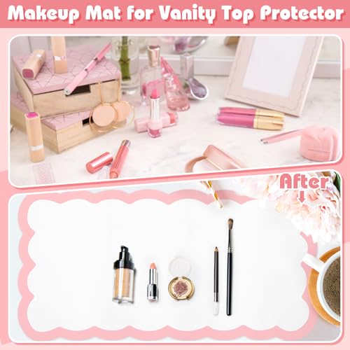 Makeup Mat for Vanity Scalloped Makeup Mat Dual-sided Dressing Table Pad Waterproof Mouse Pads for Dressing Desk Desktop Table(Pink Edge)
