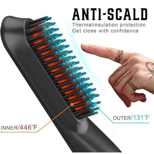 Heated Ionic Hair Straightening Brush for Men - 5 Temperature Settings, Anti-Scald, Beard Shaper & Travel Bag