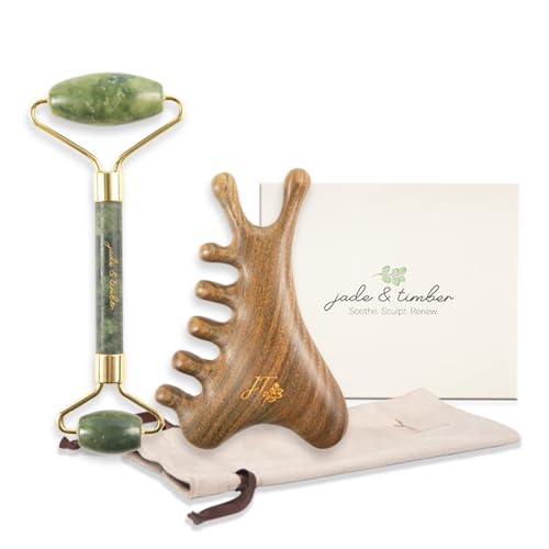 jade & timber Jade Roller & Green Sandalwood Gua Sha Set ? Facial & Body Massage Tools for Lymphatic Drainage & Sculpting - Self Care Gift
